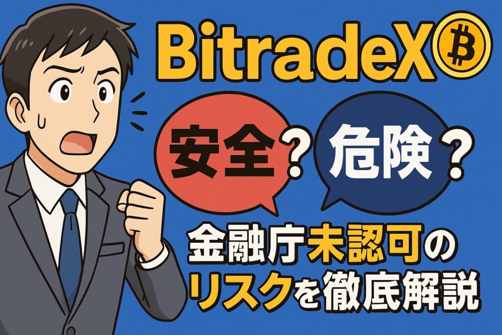 BitradeXの安全性やリスク、金融庁登録状況を解説する記事用メイン画像。