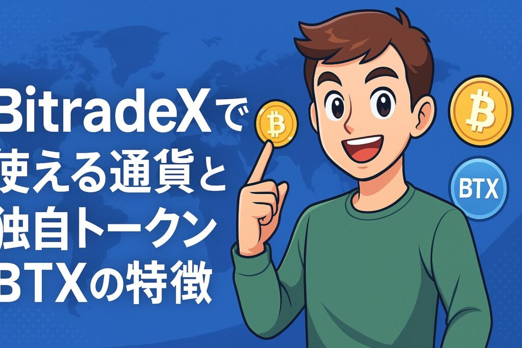 BitradeXで取扱可能な仮想通貨の一覧と特徴を解説する記事のトップ画像。