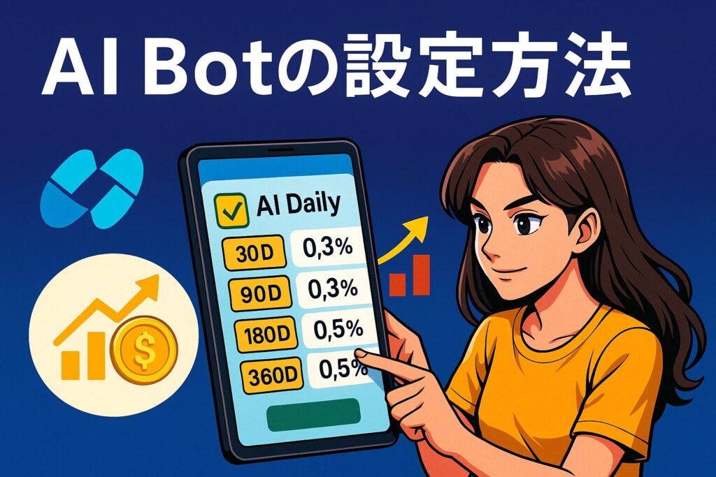 BitradeXのAI Bot設定方法をわかりやすく説明するトップビュー画像。