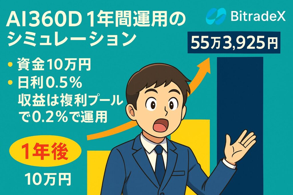 BitradeX AI360Dで10万円を運用した場合のシミュレーションを説明するトップ画像。