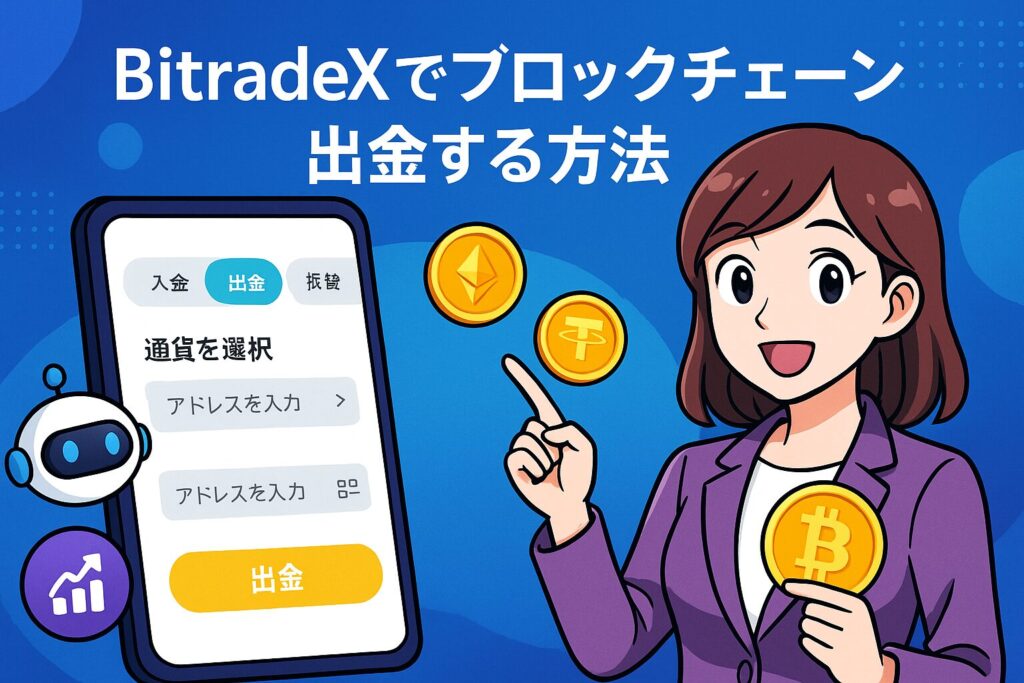 BitradeXでブロックチェーン出金を行う方法をわかりやすく説明したトップビュー画像。