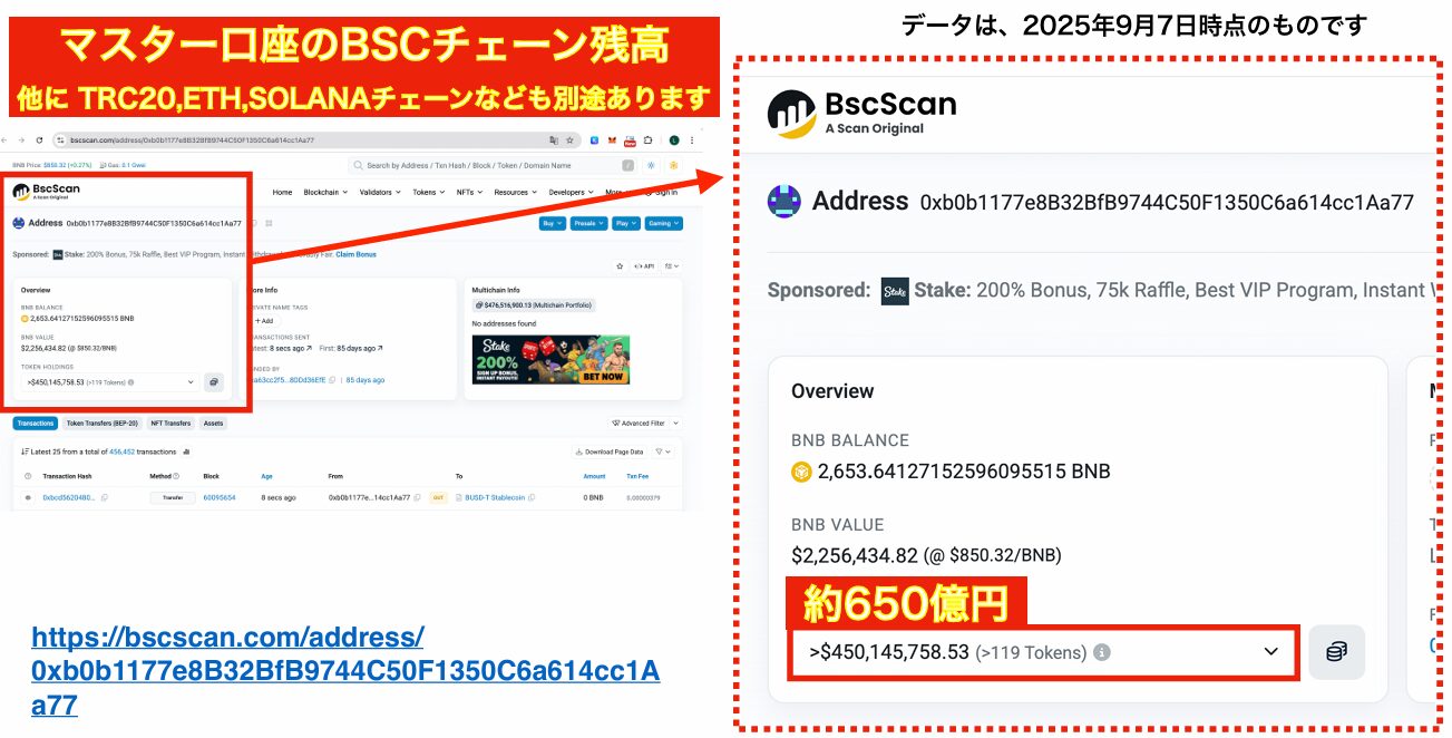 BSC(Binance Smart Chain)上のBitradeXウォレット残高を示す画面キャプチャ。