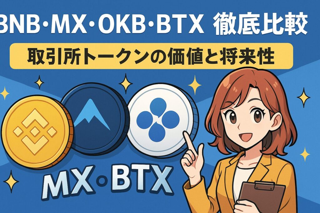 BNB・MX・OKB・BTXを比較して、価値と将来性を分析した画像。