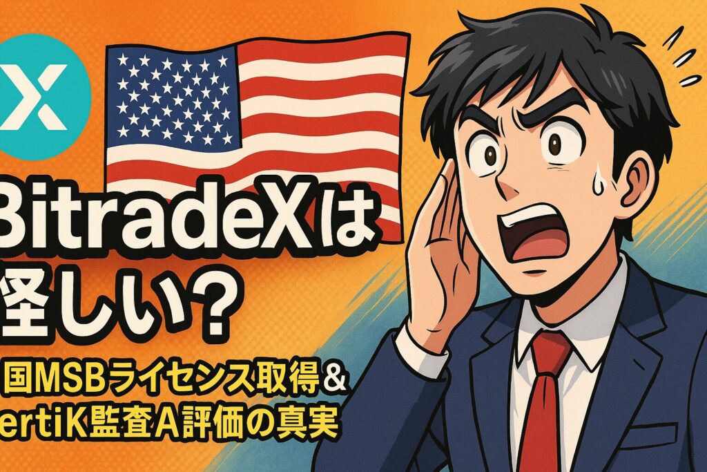 BitradeXの信頼性を示す米国MSBライセンスとCertiK監査合格を紹介する画像。