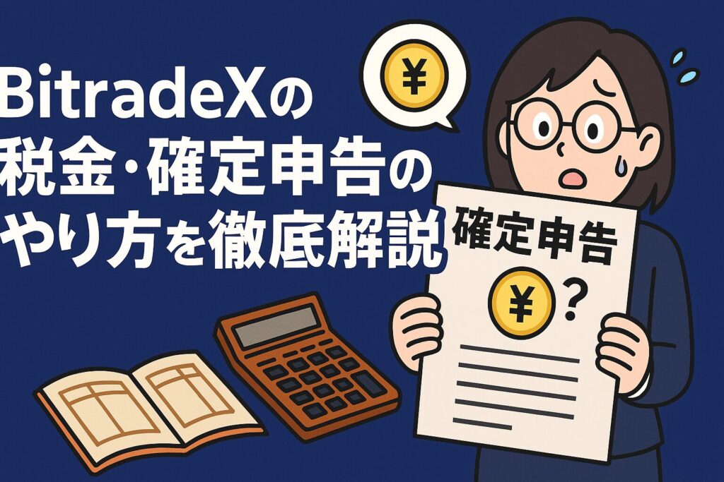 BitradeXの仮想通貨取引における税金と確定申告の方法を解説する画像。