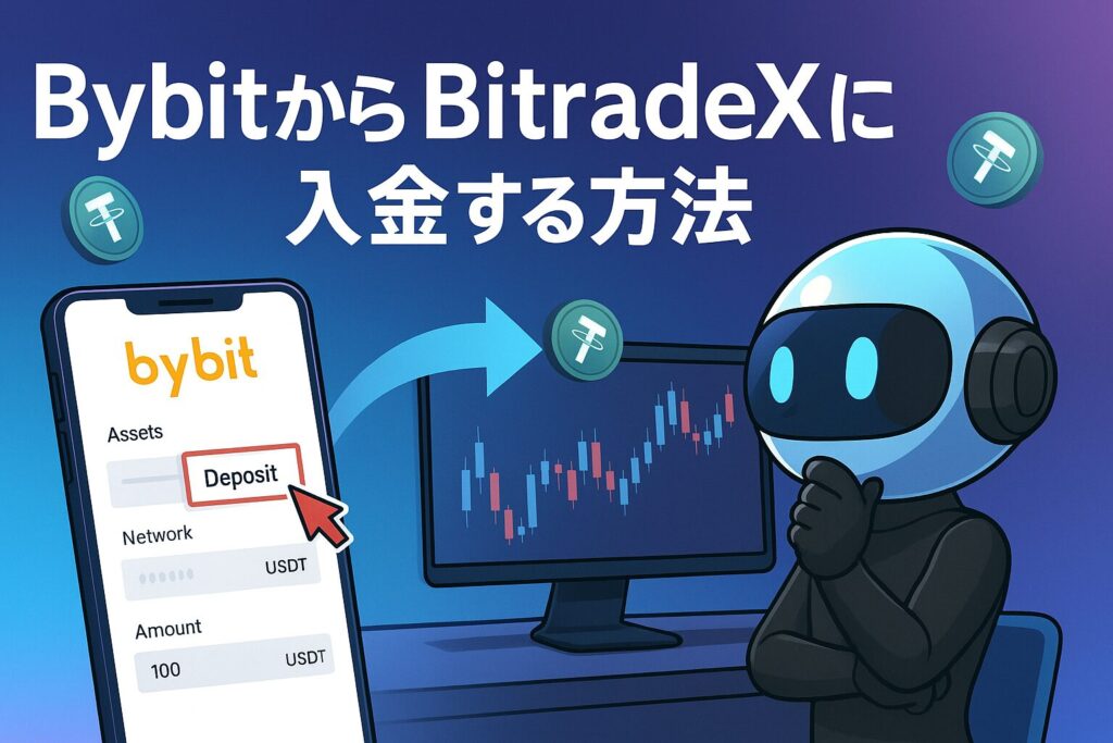 BybitからBitradeXにUSDTを送金する手順を解説する図。