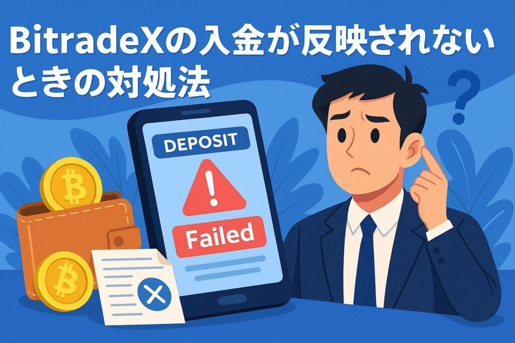 BitradeXで入金が反映されない場合の確認ポイントと解決方法をまとめた画像。