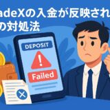 BitradeXで入金が反映されない場合の確認ポイントと解決方法をまとめた画像。
