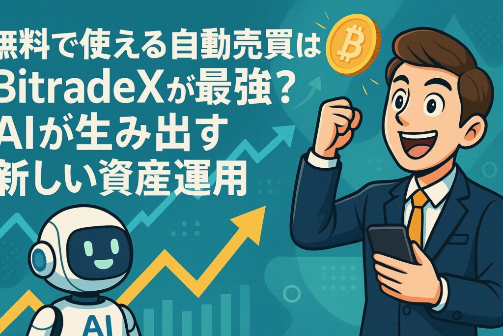 無料で使えるBitradeXのAI自動売買機能を紹介した画像。