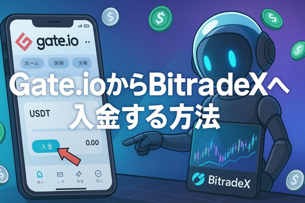 Gate.ioからBitradeXにUSDTを送金する手順を図解したトップビュー。