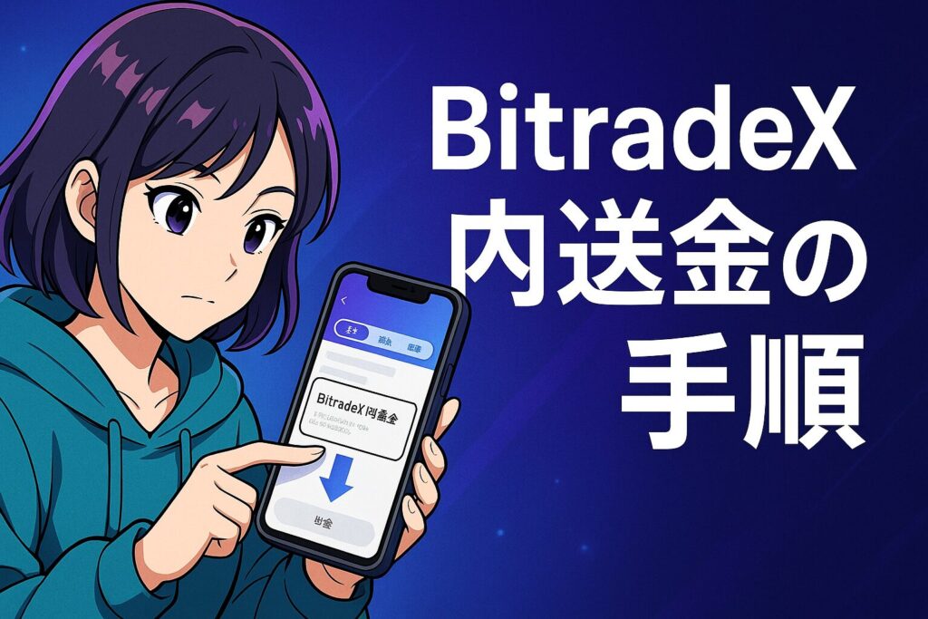 BitradeXでの内送金手順をUIDやメールで送る方法として図解した画像。