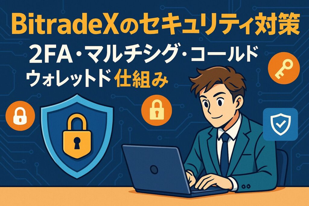 BitradeXの2FA・マルチシグ・コールドウォレットによる安全対策を解説する図。