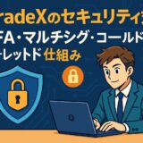 BitradeXの2FA・マルチシグ・コールドウォレットによる安全対策を解説する図。