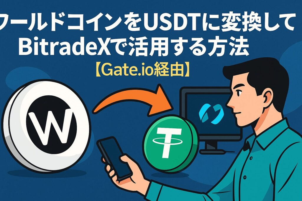 ワールドコインをUSDTに変換する手順を説明するトップビュー画像。